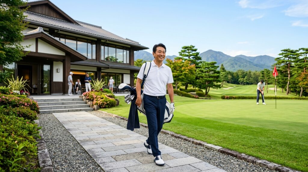ラウンドを無事に終え、満足そうな表情でクラブハウス付近を歩く日本人ゴルファーの様子