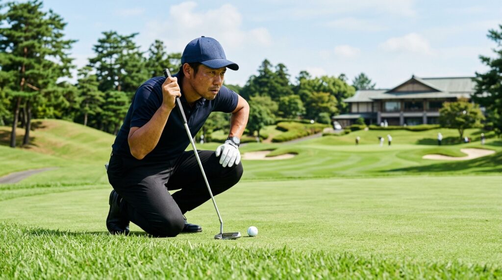 グリーンの傾斜や芝目（高麗芝）を真剣な表情で確認し、戦略を練る日本人ゴルファーのアップショット