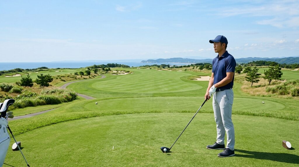 青空が広がる広大な市原のゴルフ場で30代の日本人男性ゴルファーがティーイングエリアから広いフェアウェイを真剣に見つめている光景