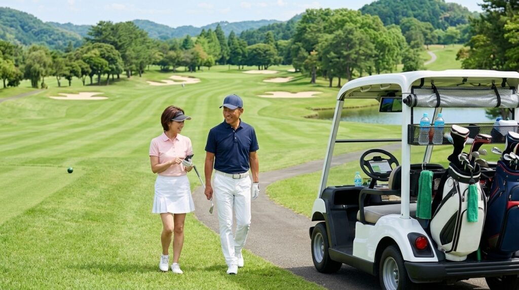 朝の光が差し込むリゾートゴルフ場にて、カートの横をリラックスした笑顔で会話しながら歩く50代の夫婦。