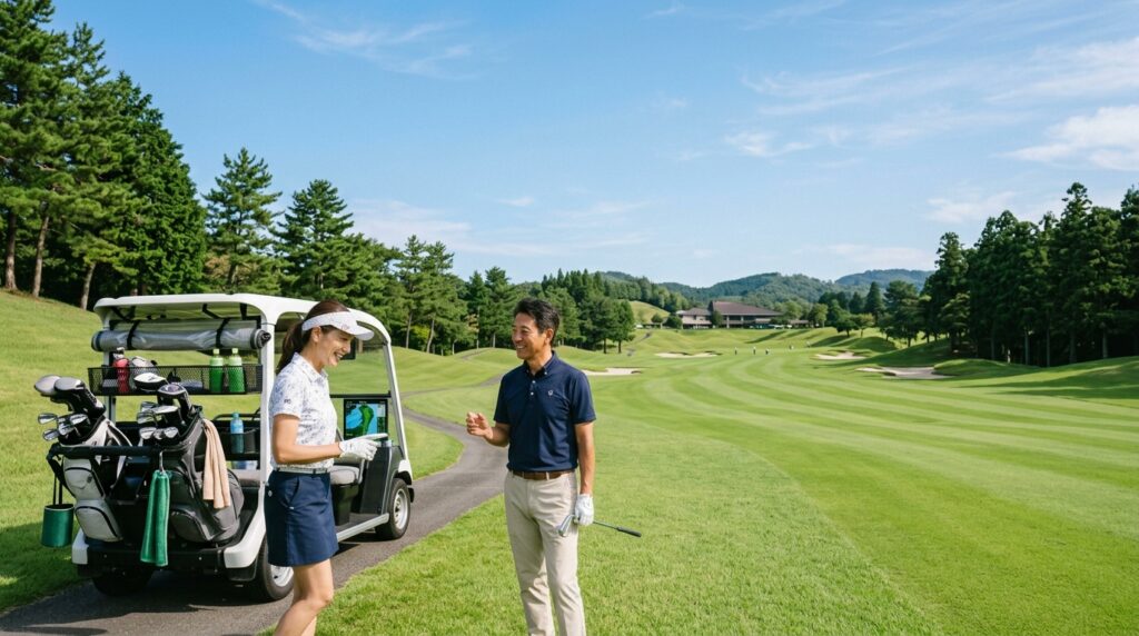 千葉県の平坦で広大なゴルフ場で、100切りを目指して落ち着いてクラブを選びながら会話を楽しむ50代の日本人夫婦の様子