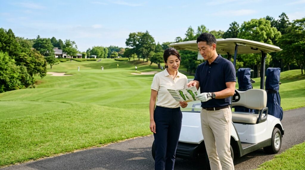 晴天のゴルフ場で40代の日本人夫婦がカートの横に立ち落ち着いた表情でコースのレイアウトを確認しながら相談している様子