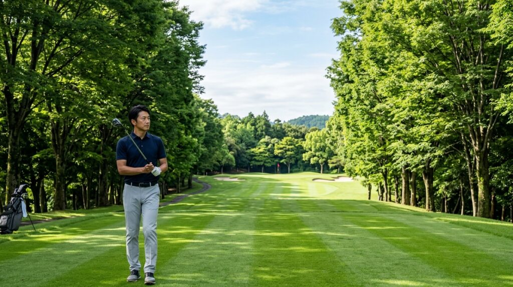 フラットで美しい林間コースのフェアウェイ上で、ユーティリティクラブを手に持ちながら、真剣な表情で前方のグリーンを見つめて戦略を練る日本人男性ゴルファー