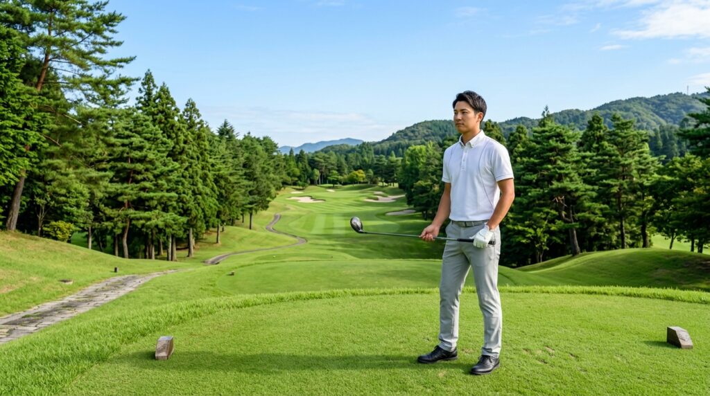 トーヨーカントリークラブでティショットの狙い所を確認する男性ゴルファー