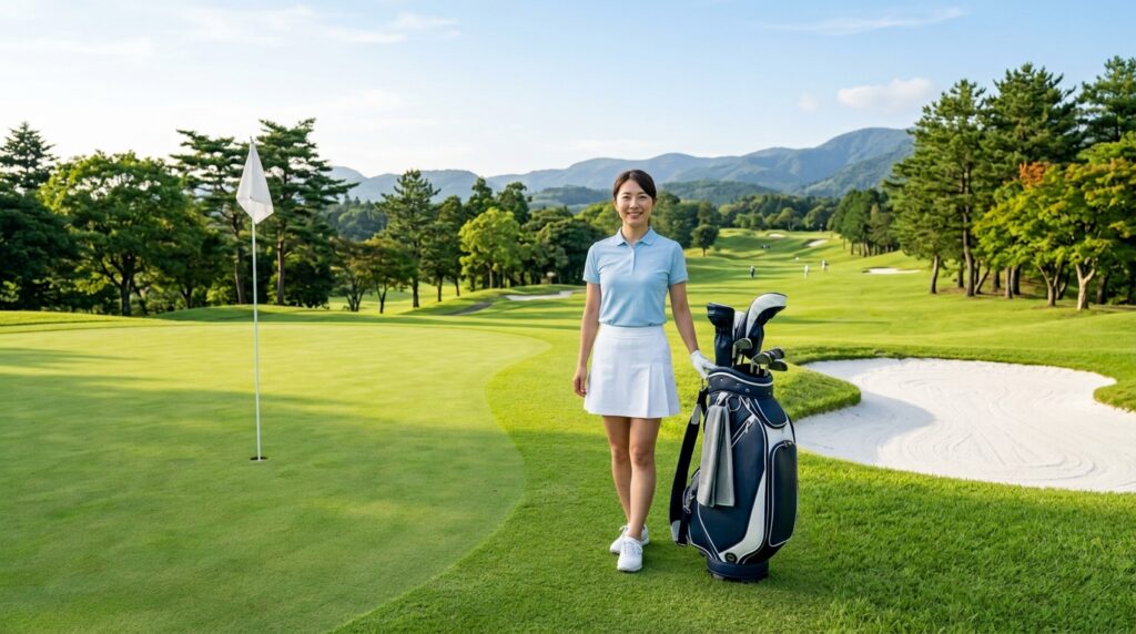 トーヨーカントリークラブのベントグリーンを確認する女性ゴルファー